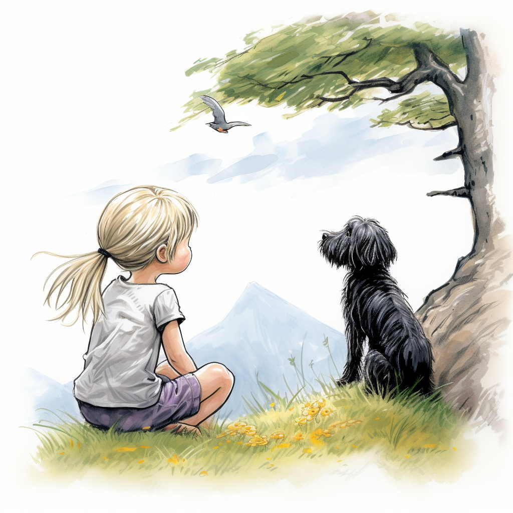 Blond baby girl and miniature schnauzer beneath a tree with a raven