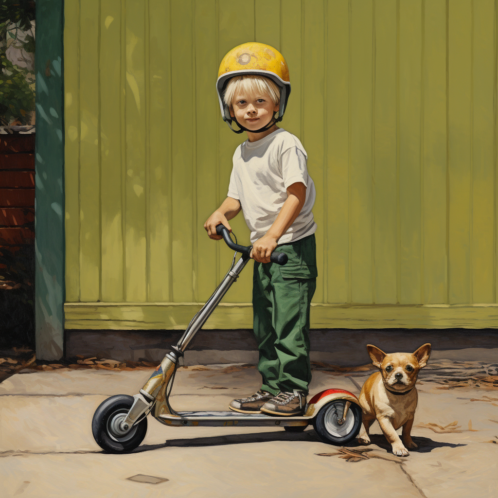 Blond child with green helmet on standing next to a scooter