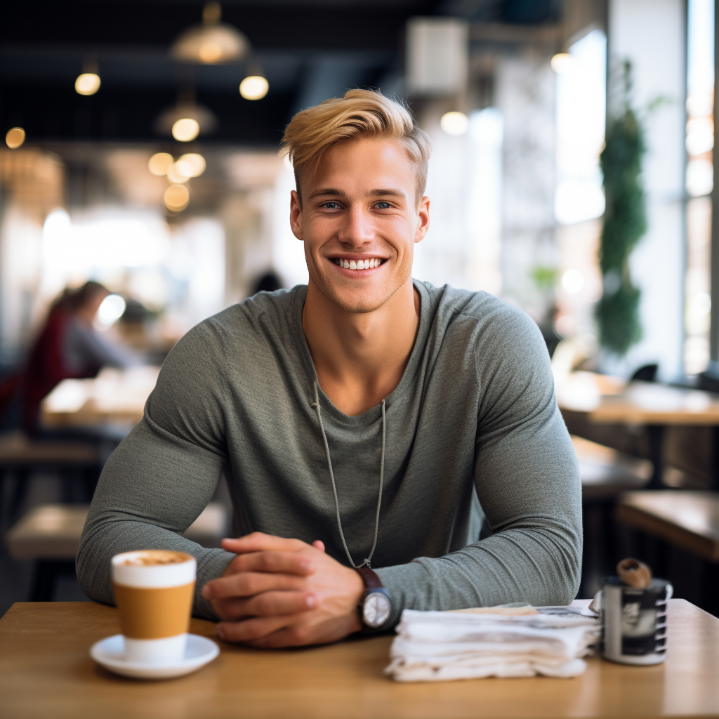 Handsome blond collegiate jock in modern cafe