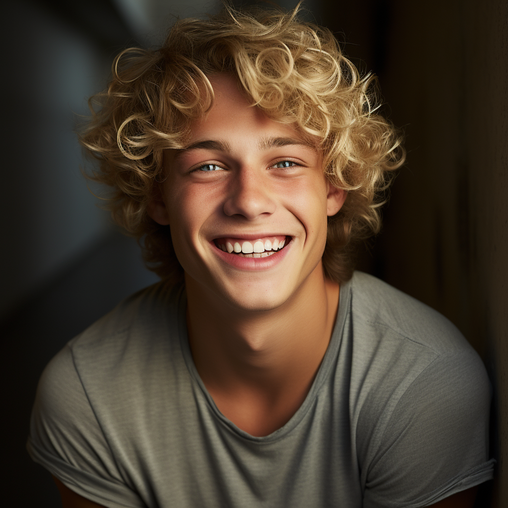 Happy teenage boy with blond curls smiling and teasing