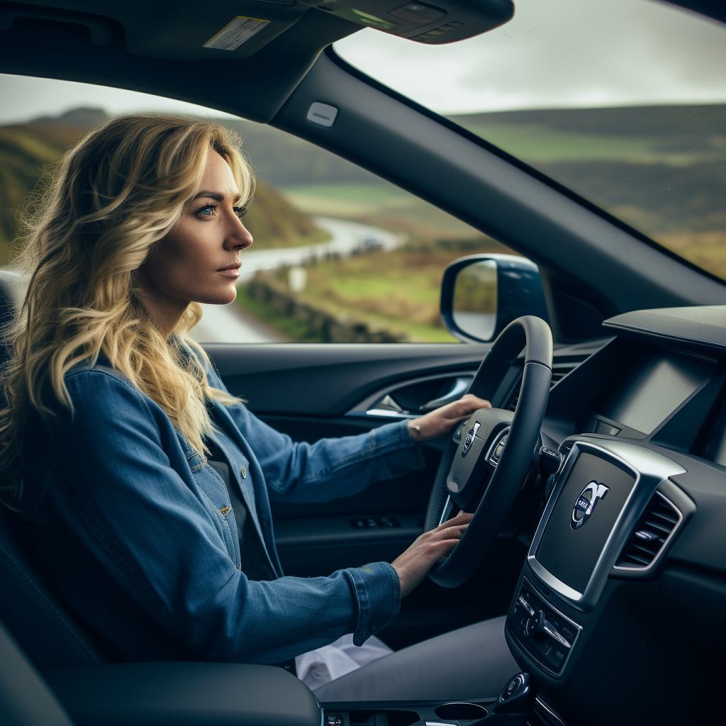 Blond female driver in blue Volvo XC60