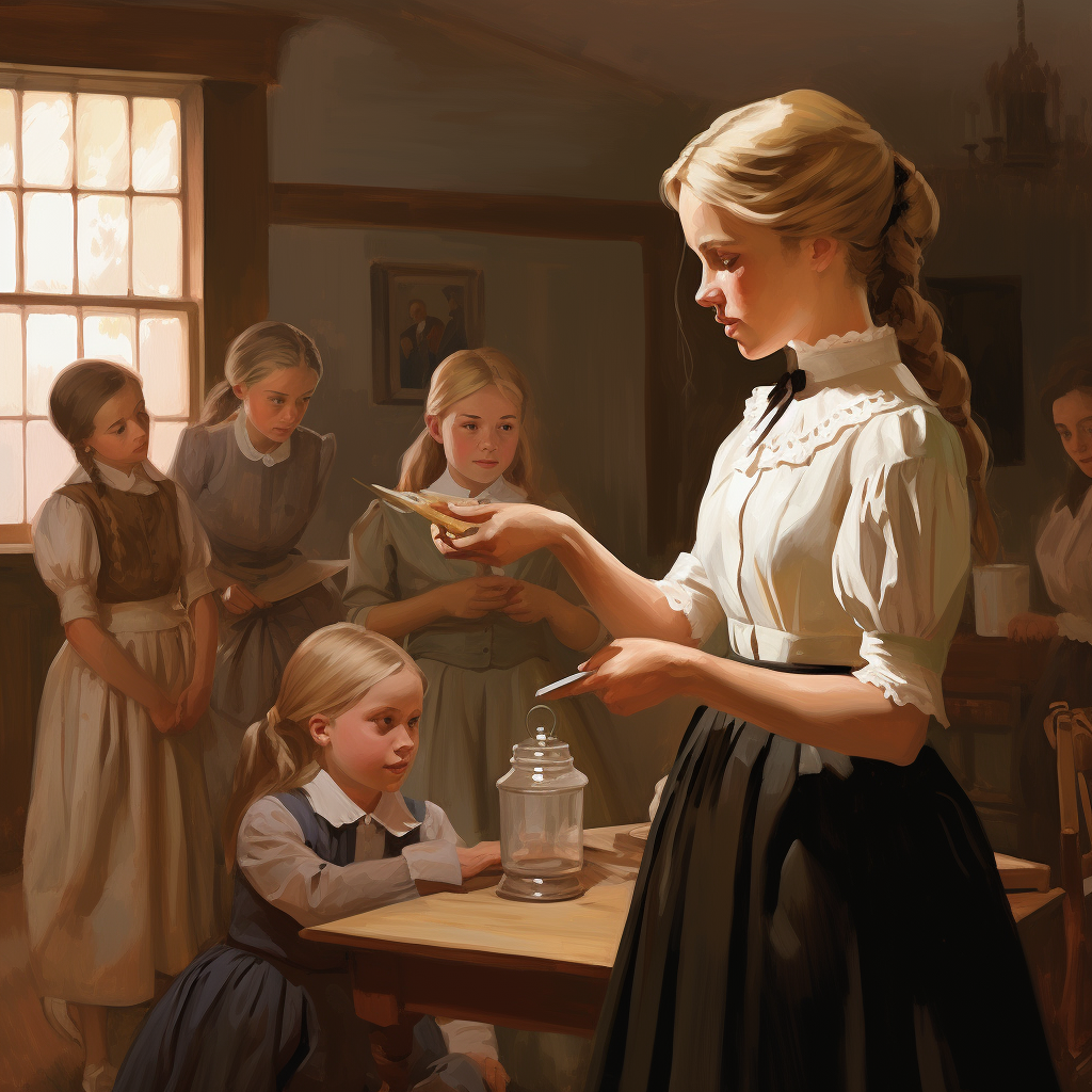 Blond girl in 1800s schoolroom holding pickled limes