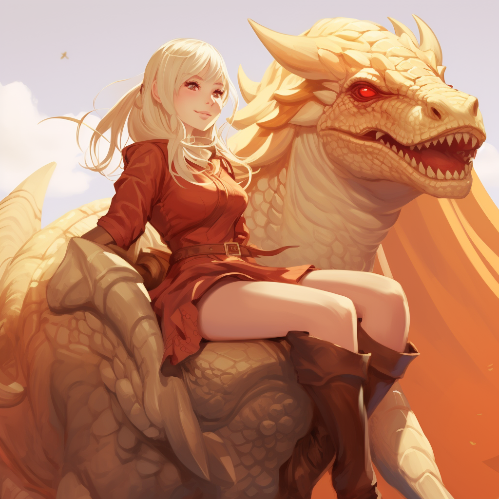 Cute blond girl on bull fighting dragon