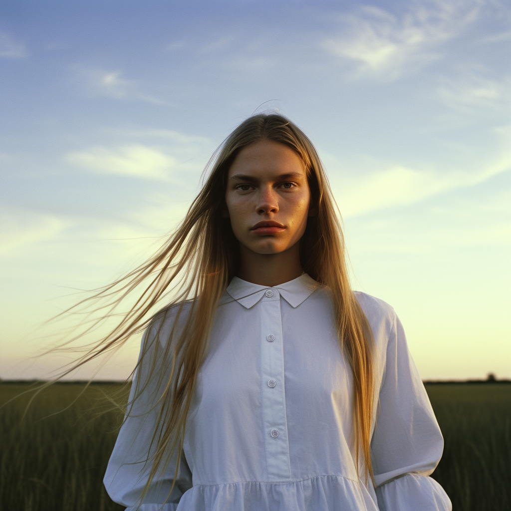 Blond girl with long straight hair in meadow at night