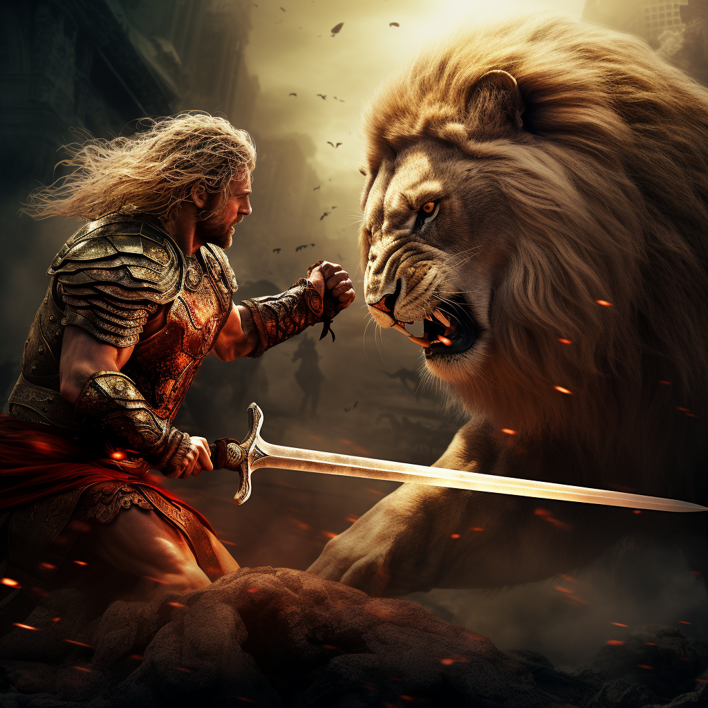 Blond hair male spartan warrior prince battling a fierce lion