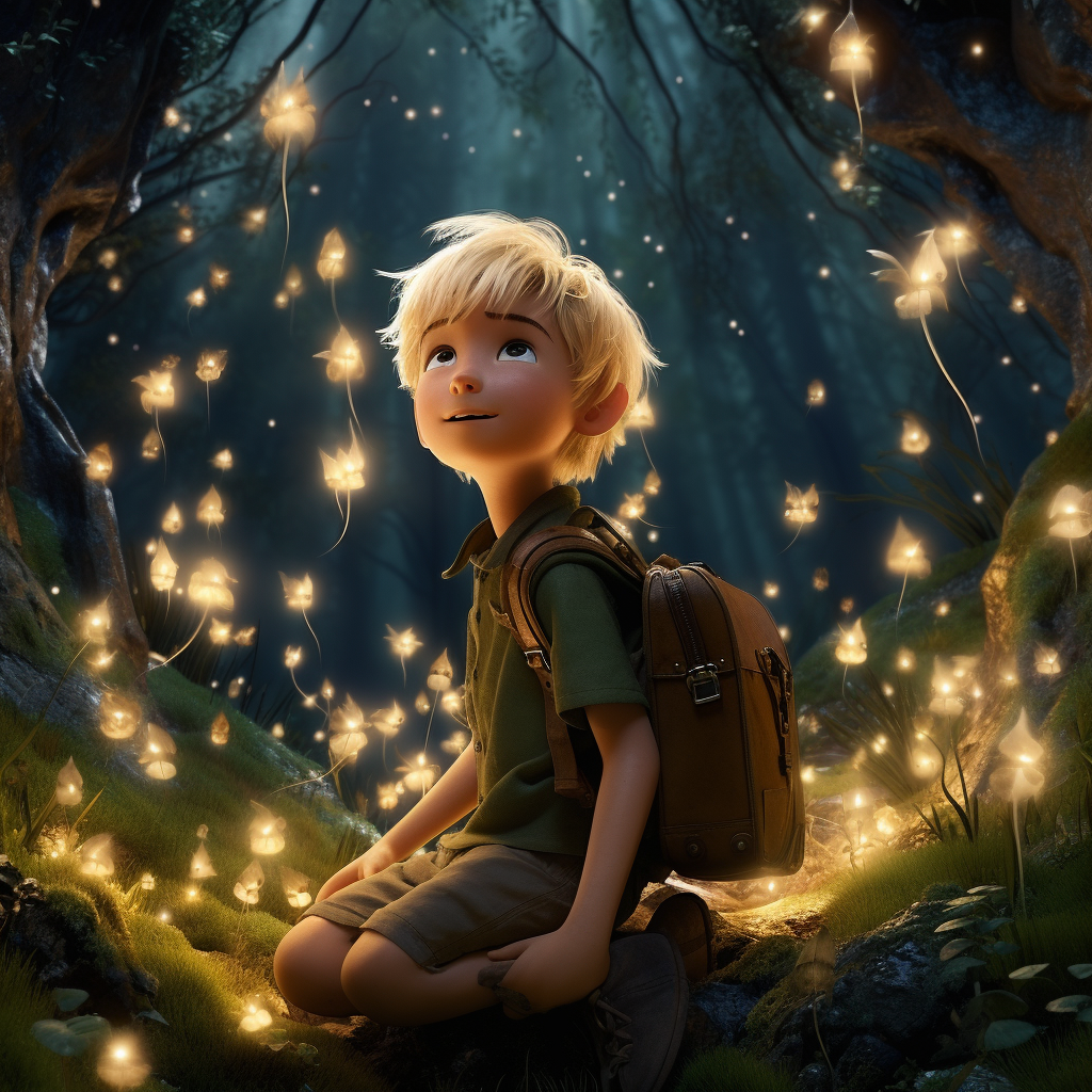 Smiling blond-haired boy in a forest with fairies and fireflies