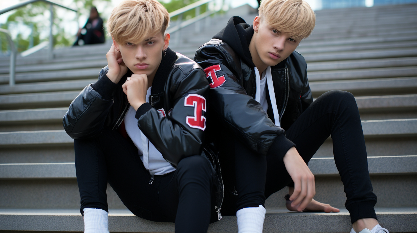 Two blond high school students sitting on stairs