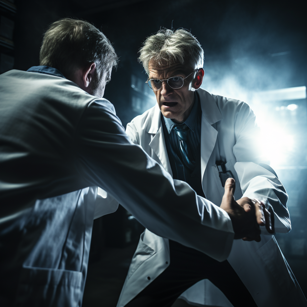 Brave blond medical doctor fighting giant