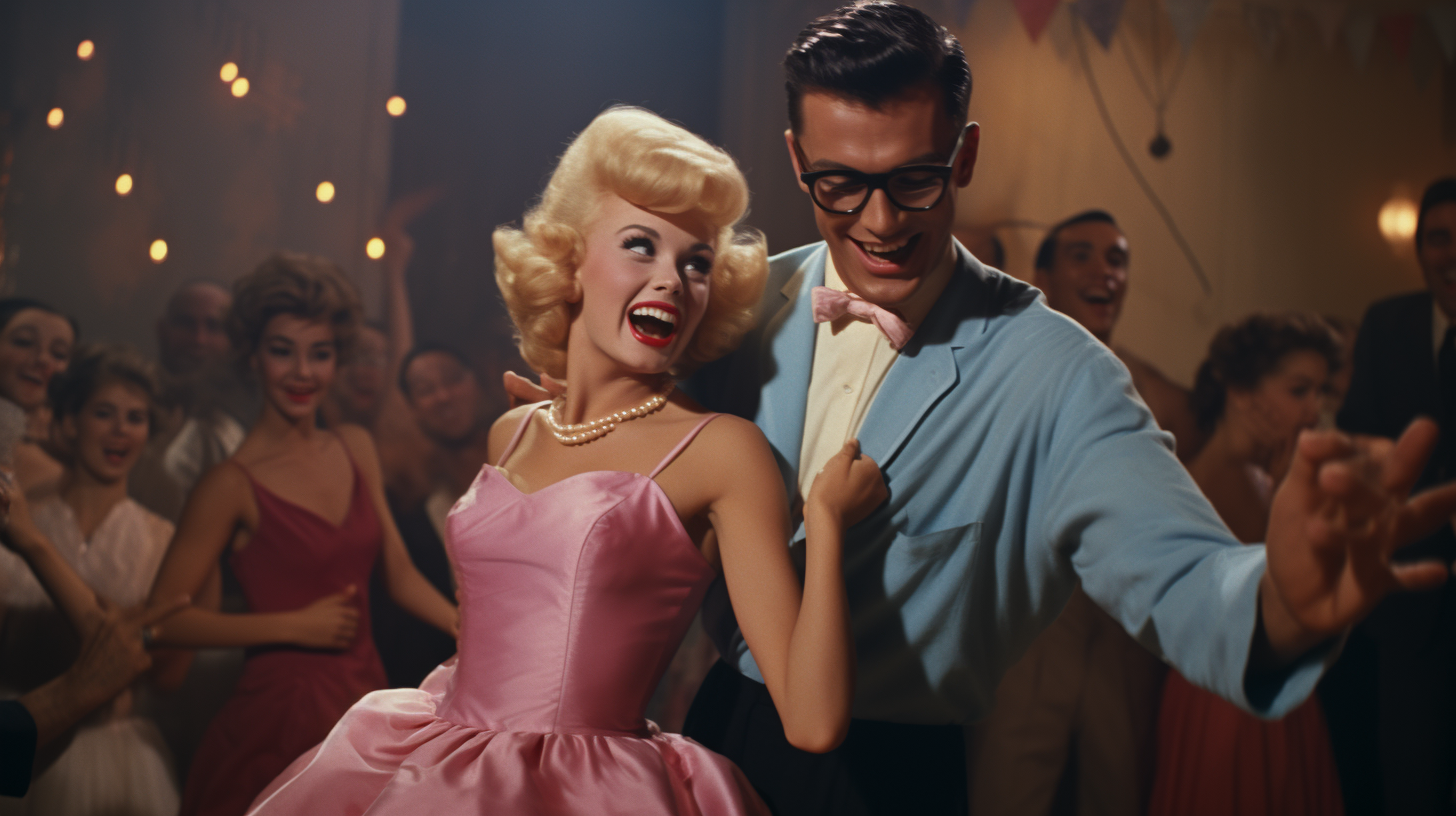 Blond Peggy Sue and Buddy Holly dancing at 1960 party