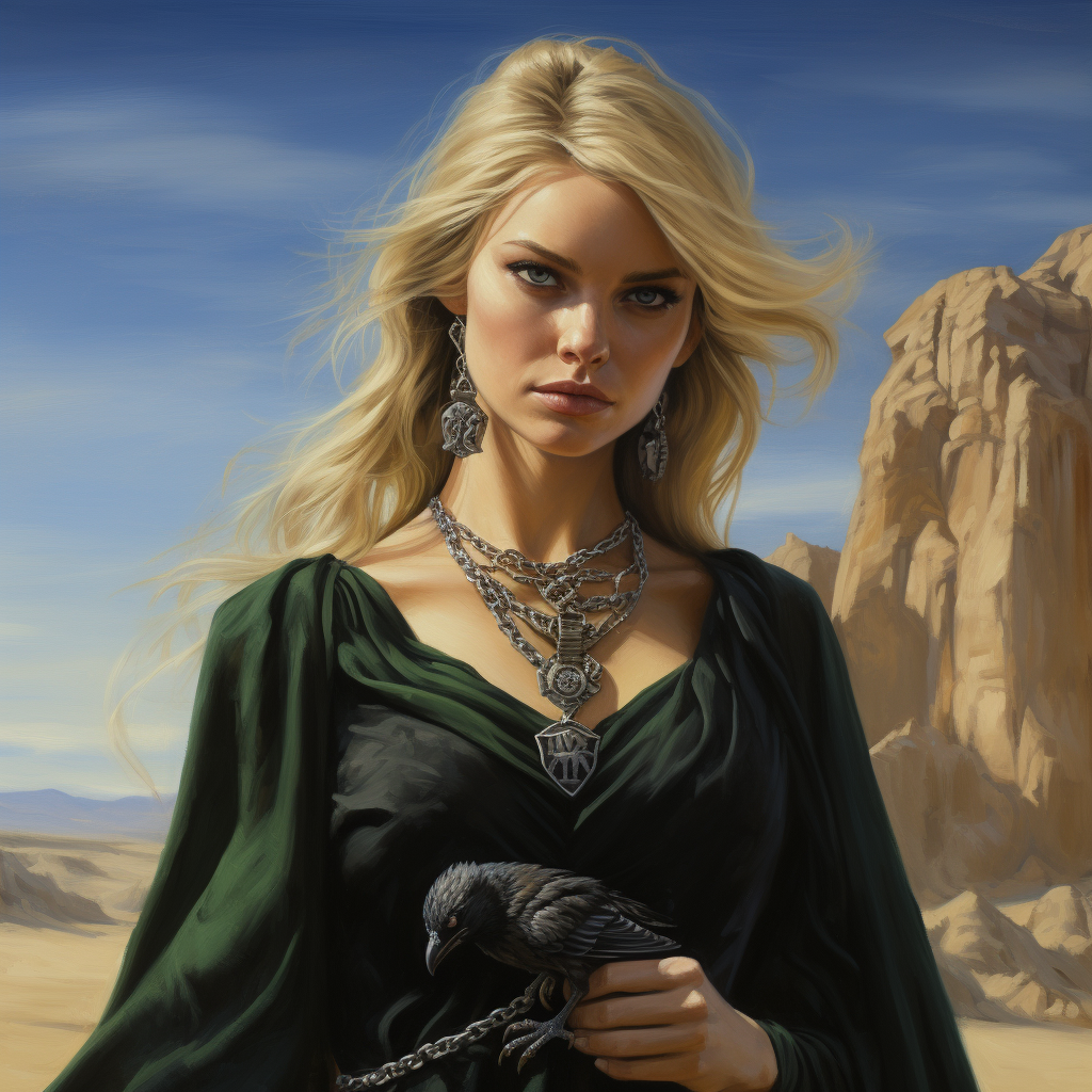 Blond woman with green eyes in raven dress