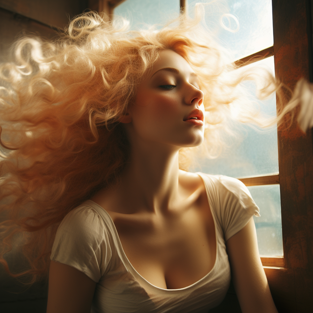 Blond curly-haired woman dreaming with closed eyes