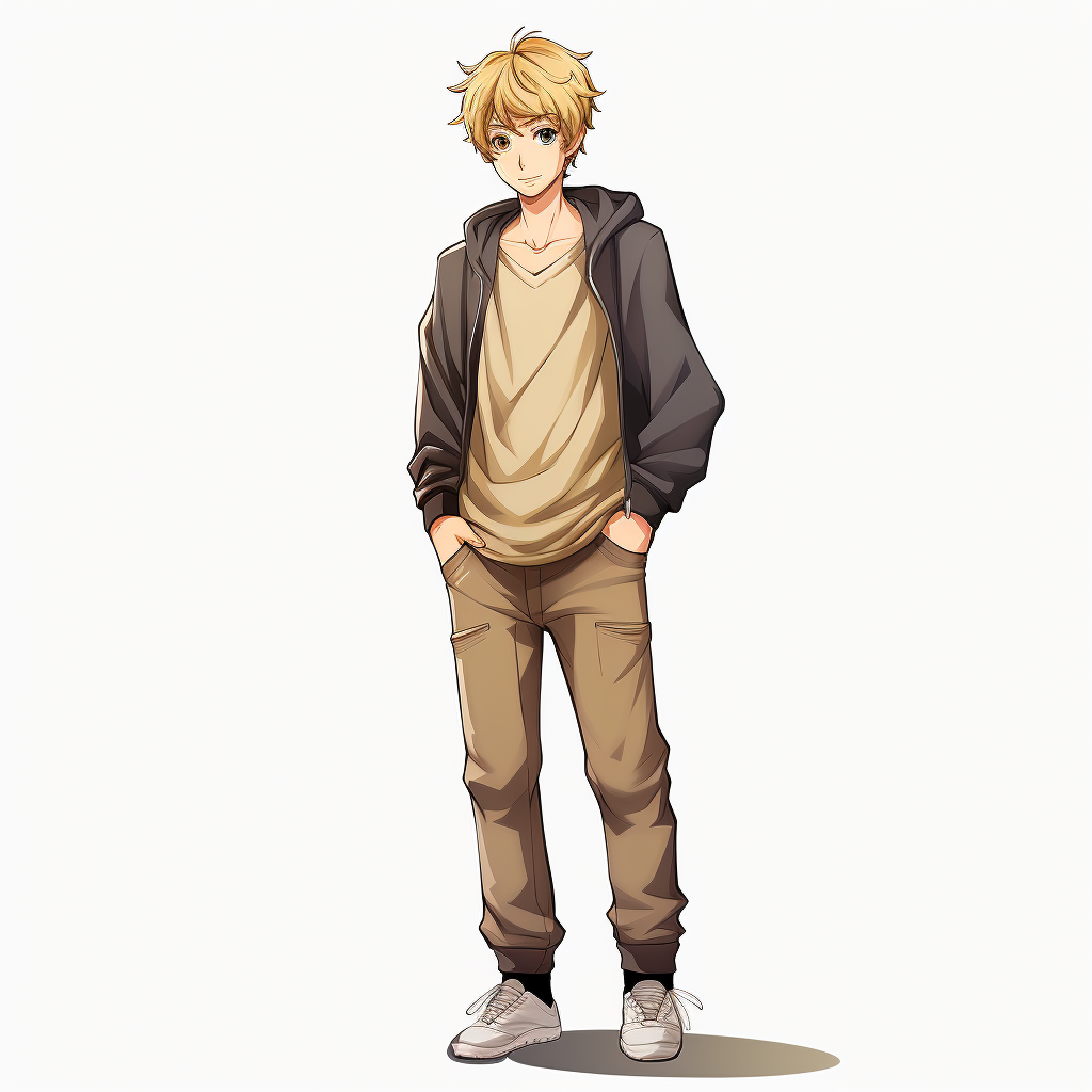 Anime-style blond guy with brown eyes smiling