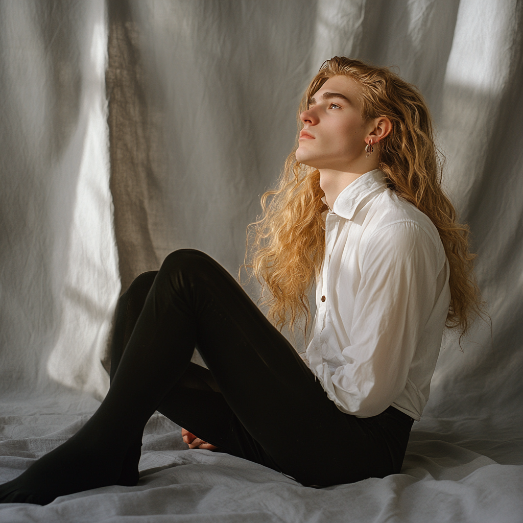 Blonde man with earrings sitting