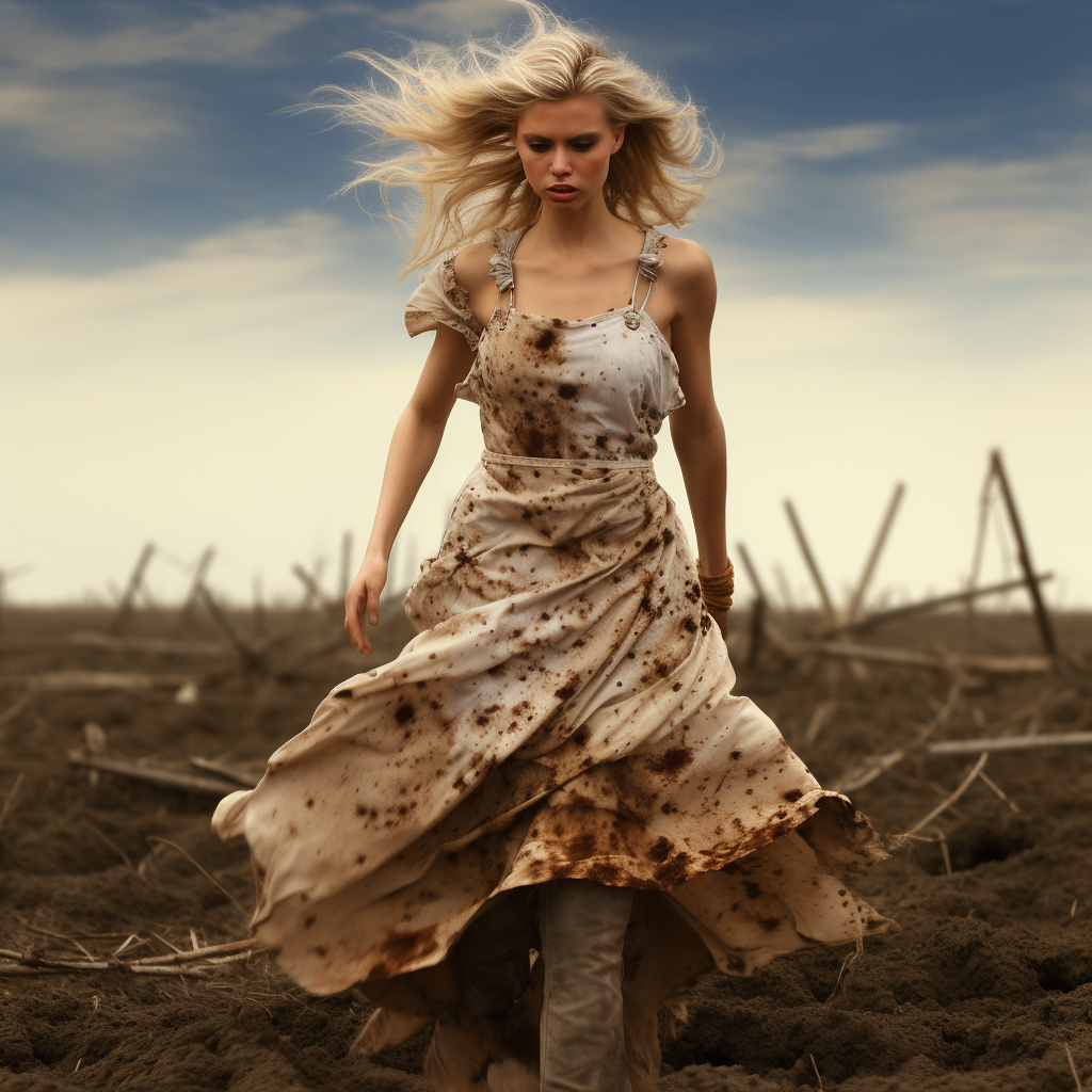 Blond model in silky dress on war-torn runway