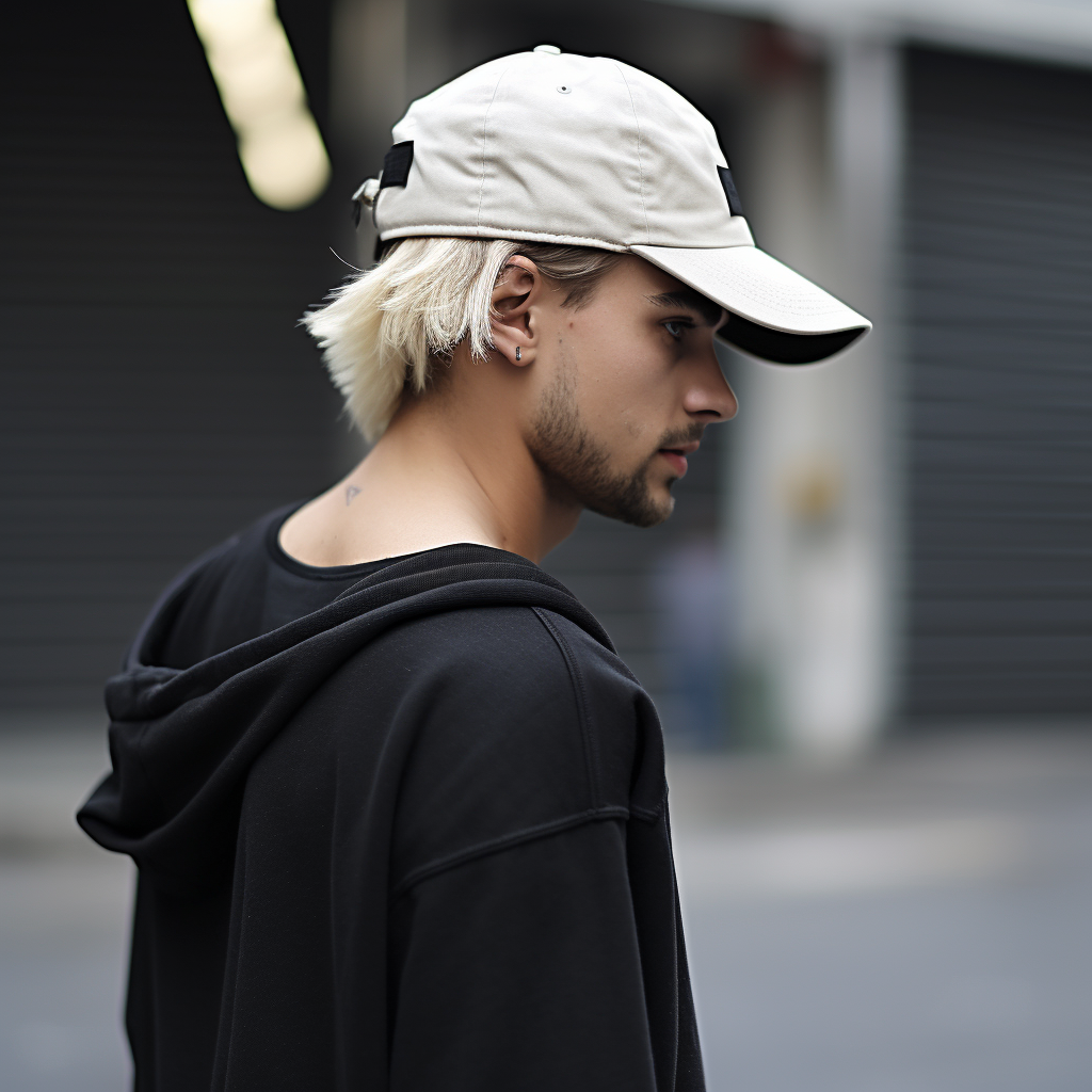 Young man with blond hair smiling in a cityscape