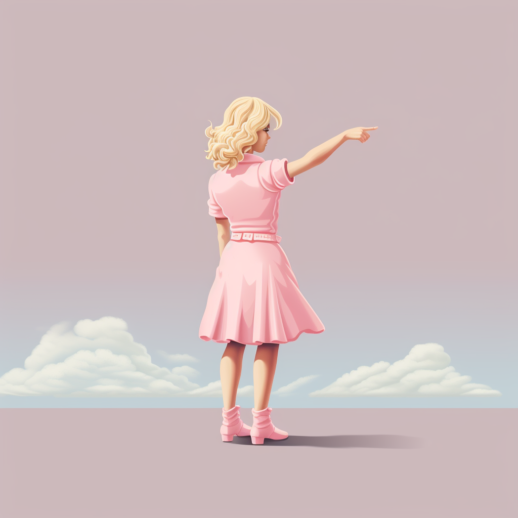 Blond teacher in pink dress pointing at the sky