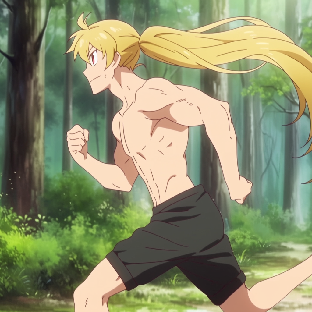 Smiling blonde anime man running in forest