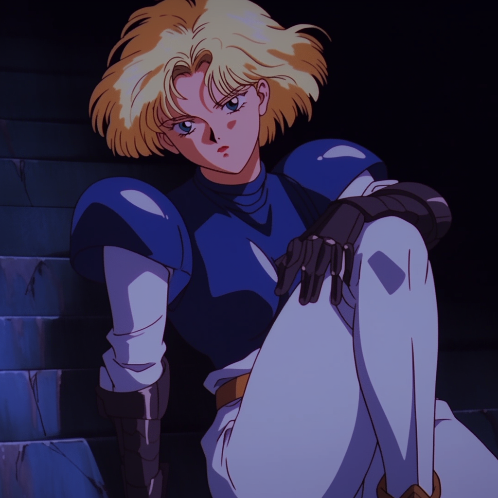 Blonde anime Joan of Arc in battle armor