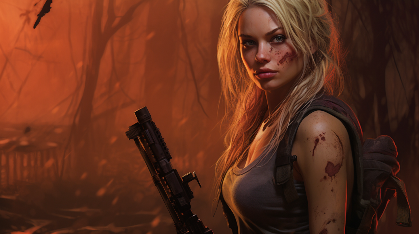 Attractive blonde survivor with rifle and glitter mask