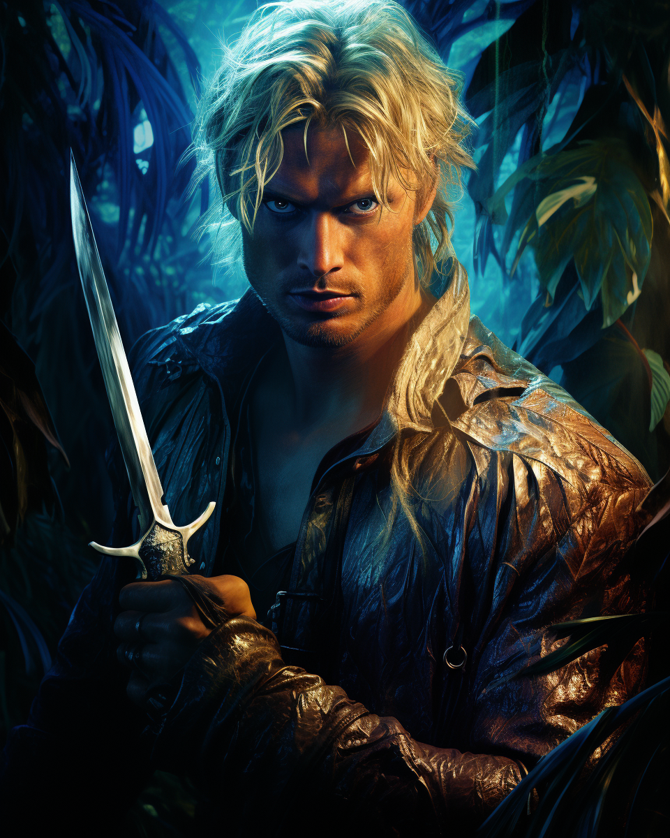 Aryan man in jungle holding weapon