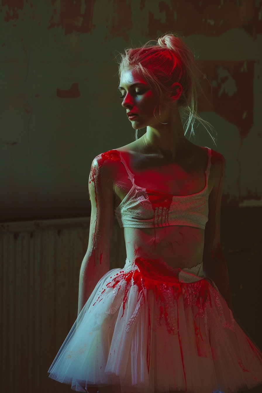 Blonde ballerina covered in red paint