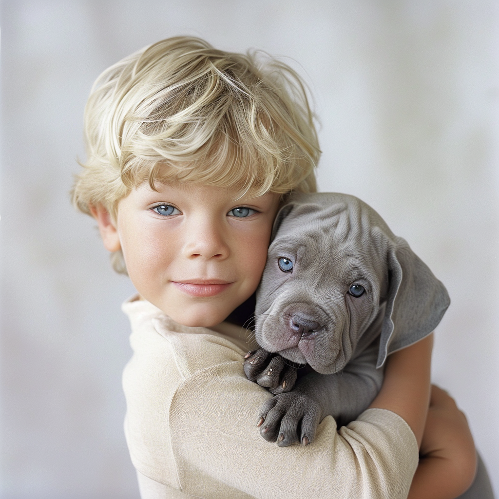 Blonde boy with Cane Corso puppy