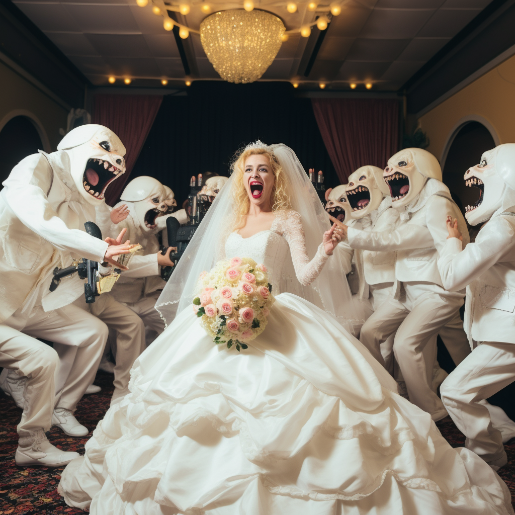 Surprised blonde bride in wedding dress