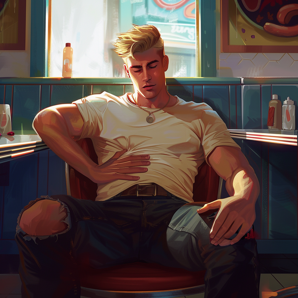 Blonde college boy eating in diner