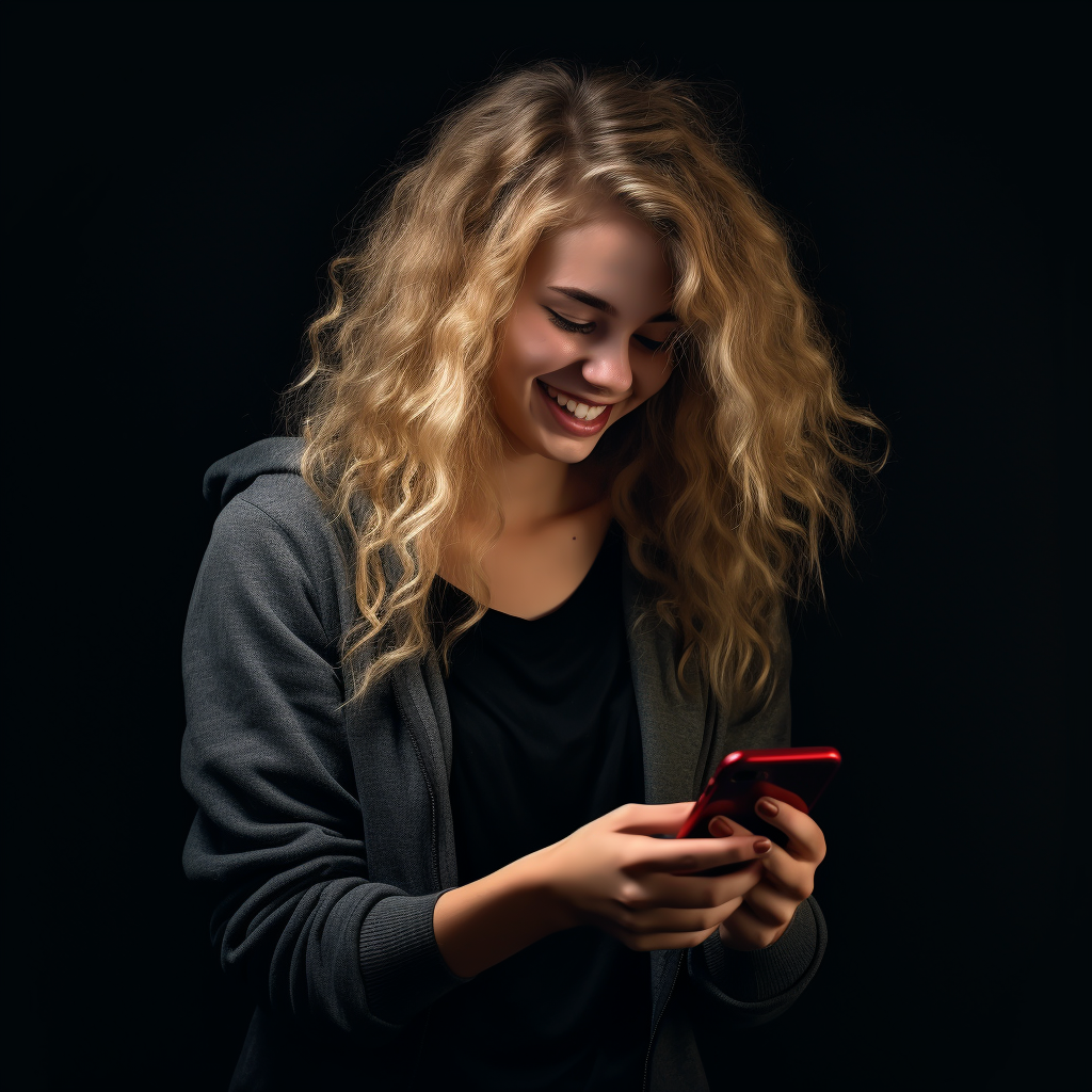 Woman with Blonde Curly Hair Typing with a Smile