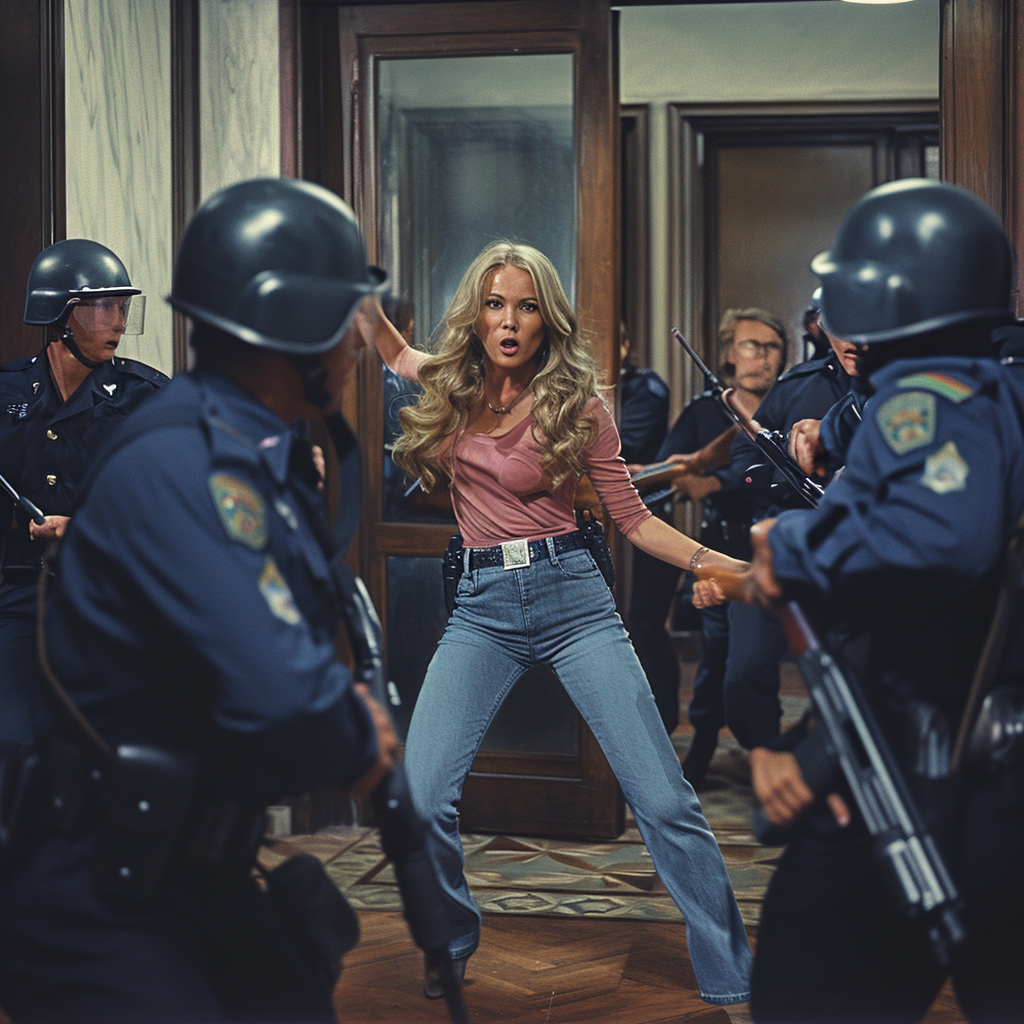 Blonde female bank robber fighting police officers