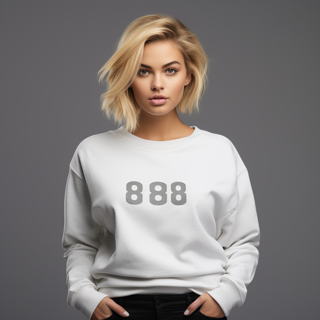 Blonde female model in white sweatshirt