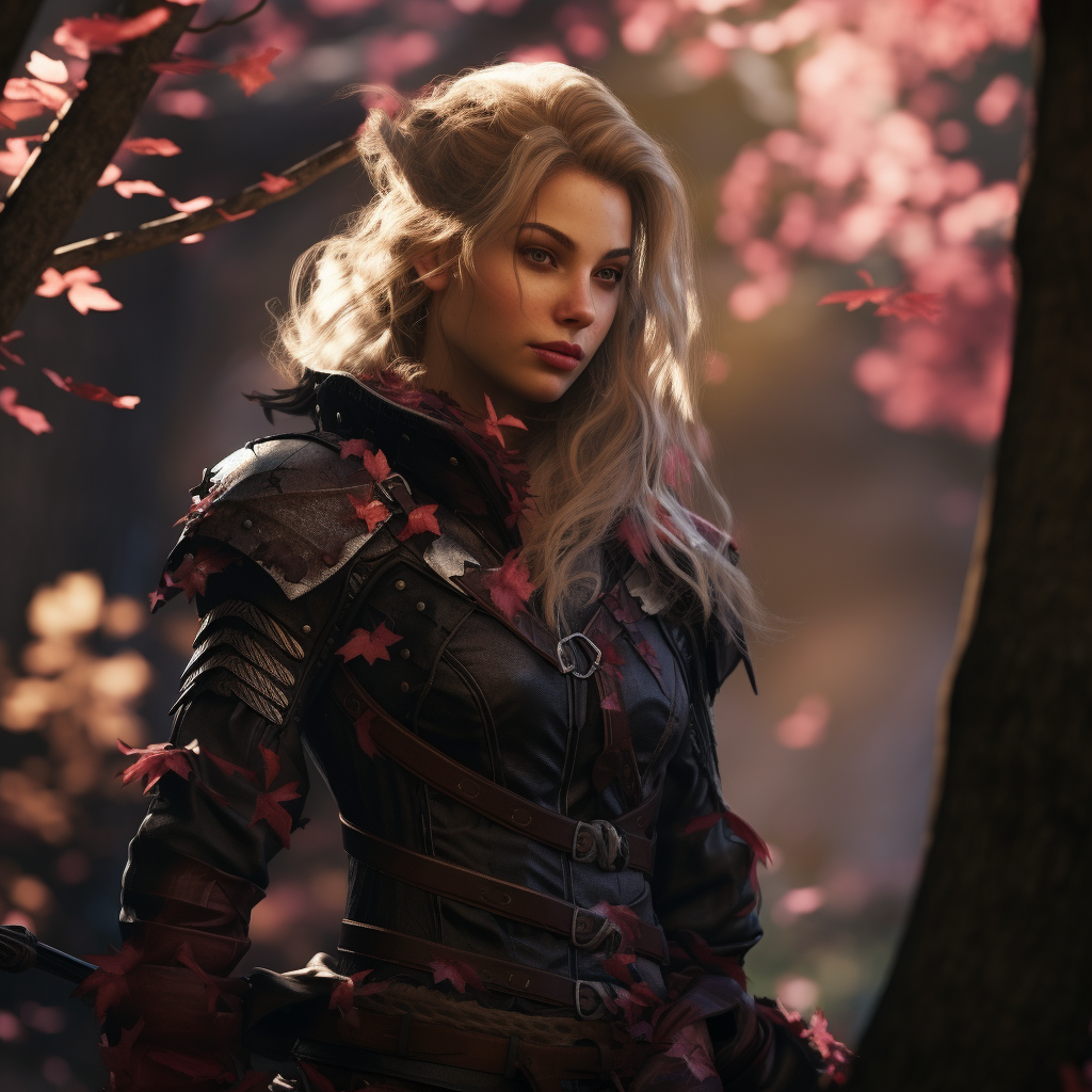 Blonde female ranger with bow in pink leaf forest