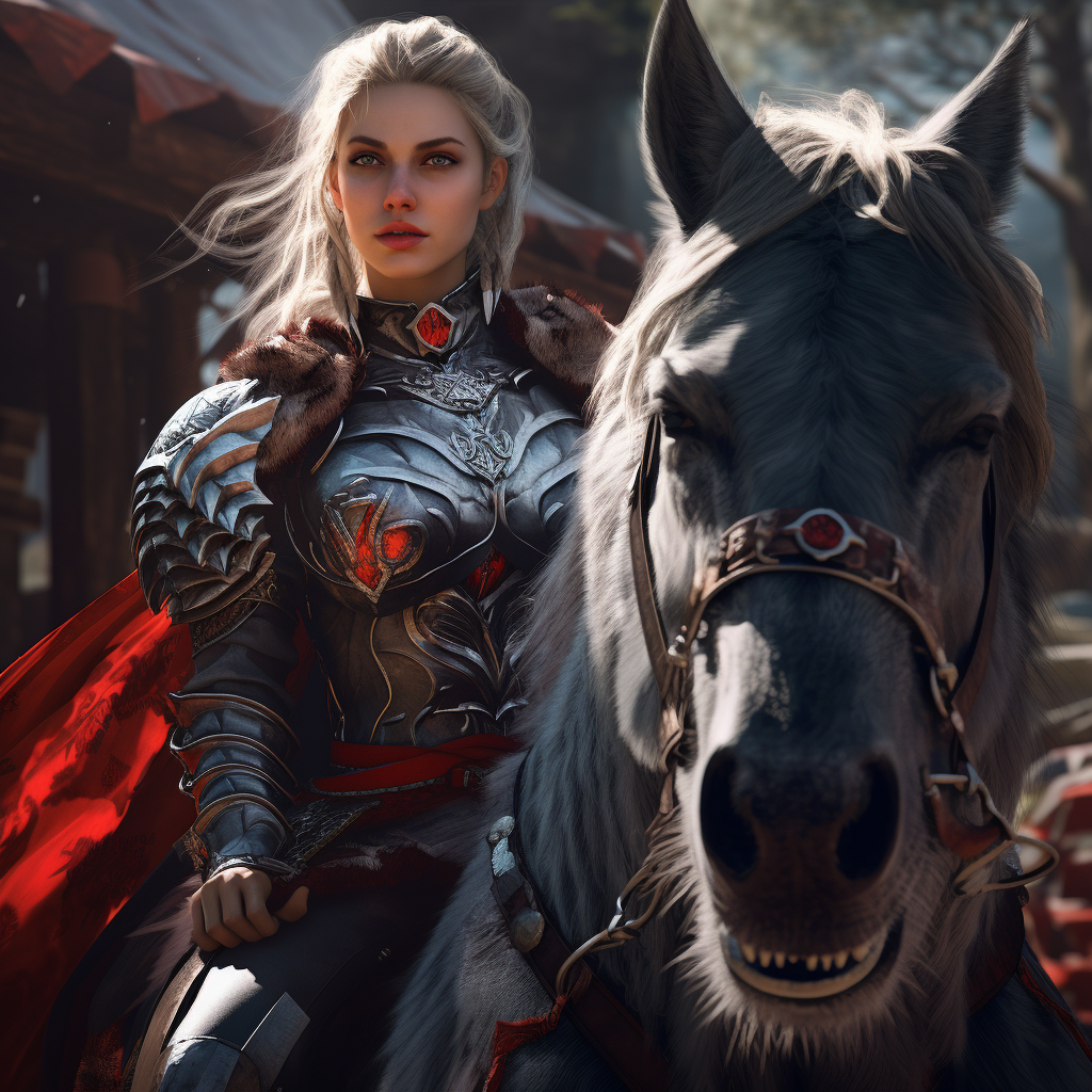 Blonde Female Riding Black Warg in Epic Fantasy Scene