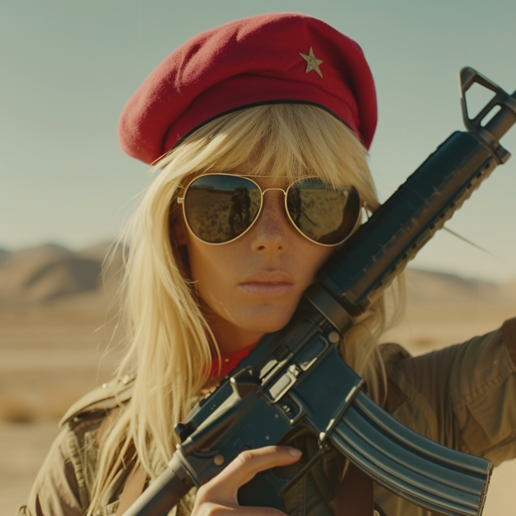 Blonde female soldier with red beret and aviator sunglasses