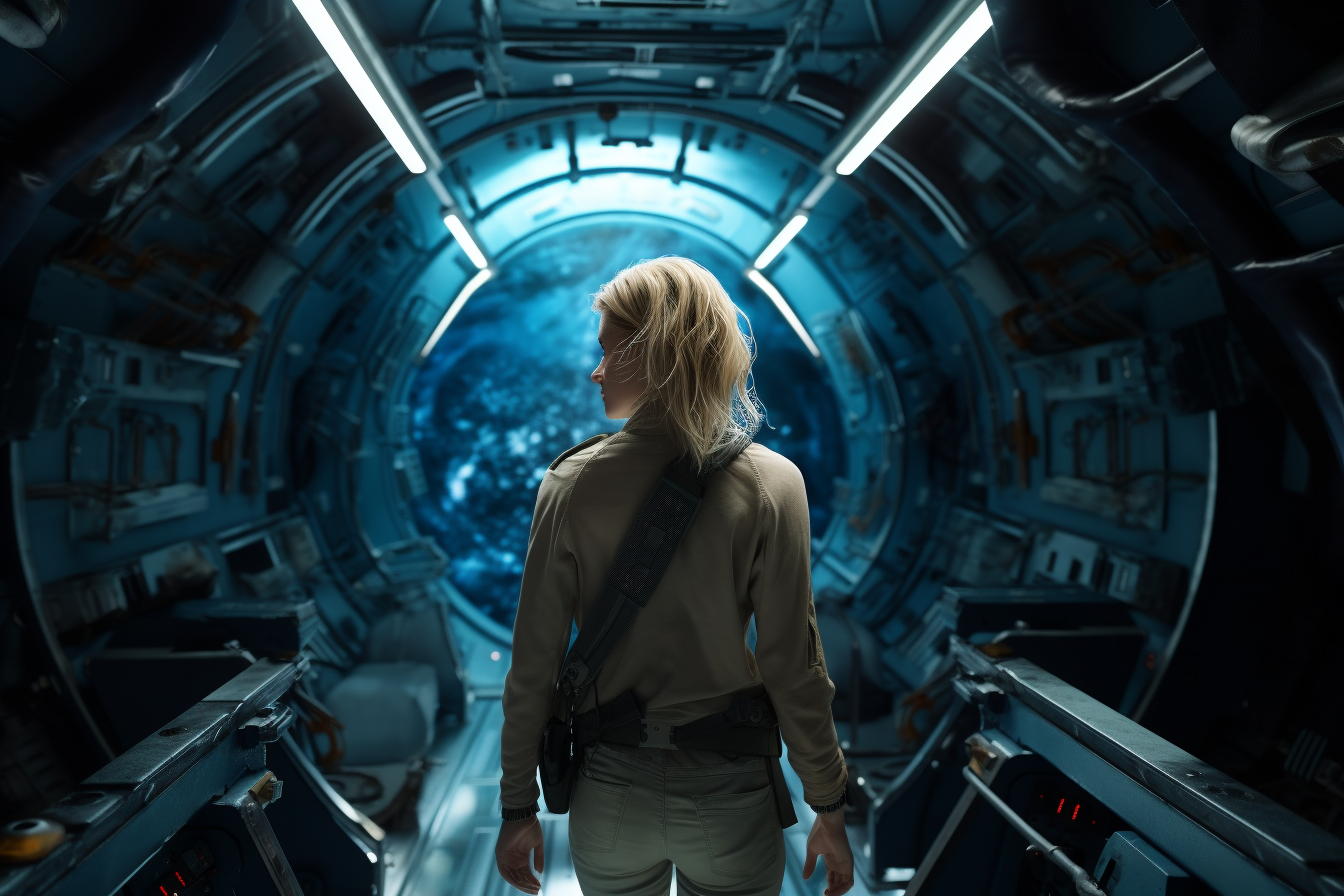 Blonde Female Space Explorer in Modern Submarine