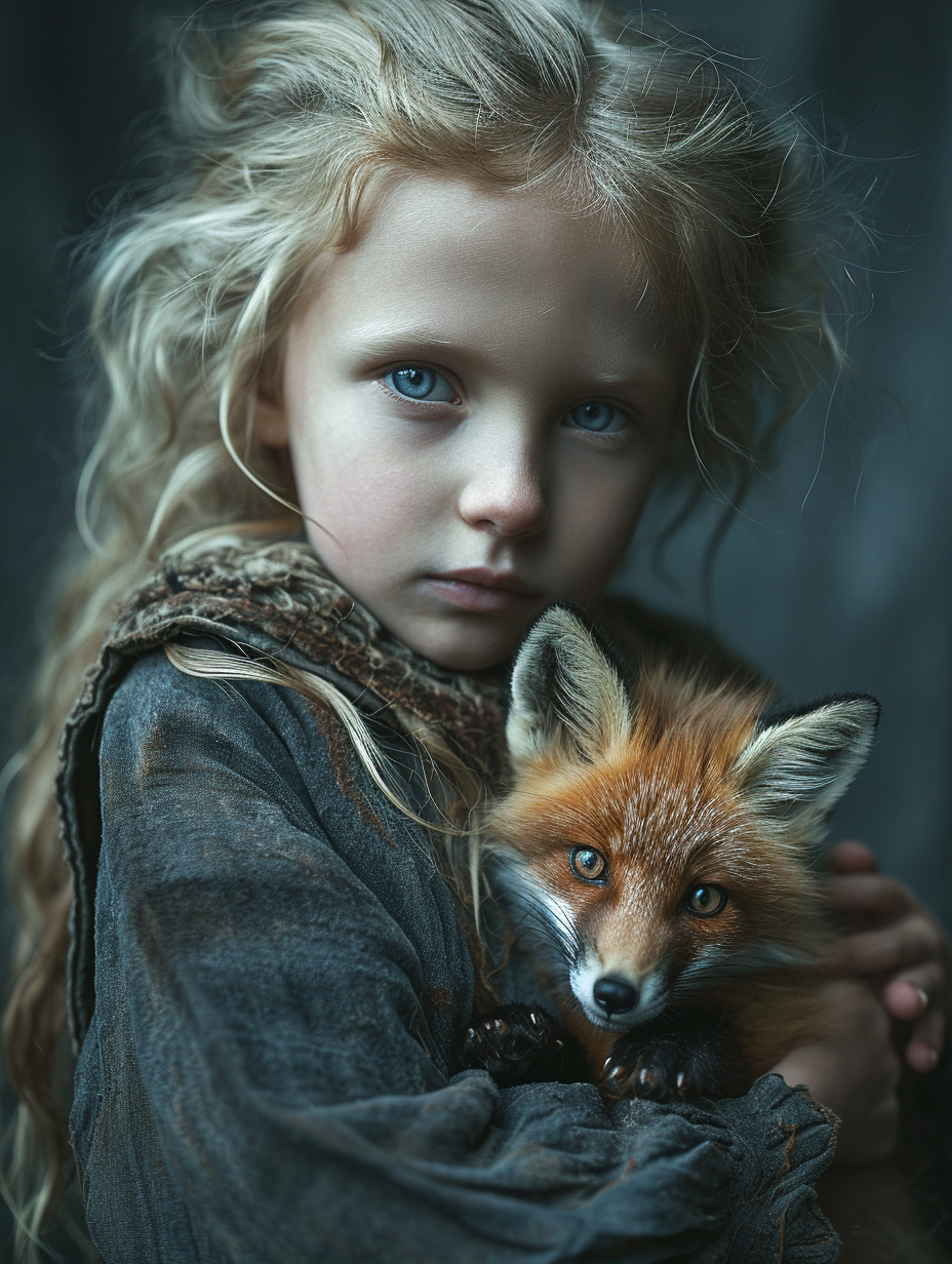 Blonde girl with blue eyes holding a small fox