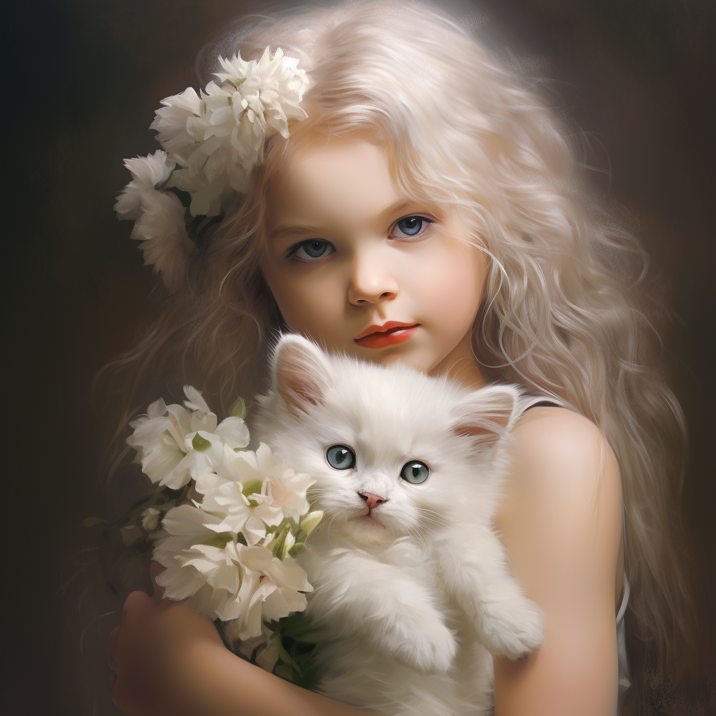 Little girl holding white Persian kitten