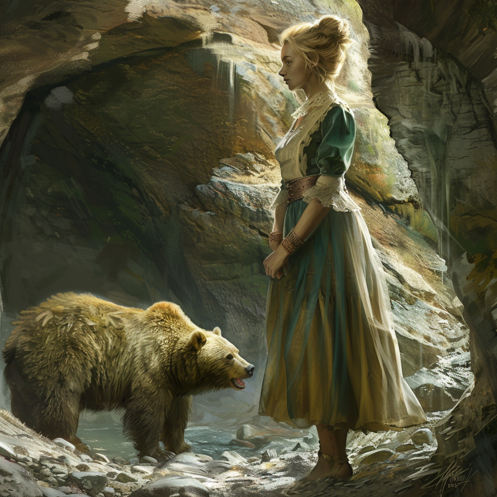 Blonde girl with bear in cave