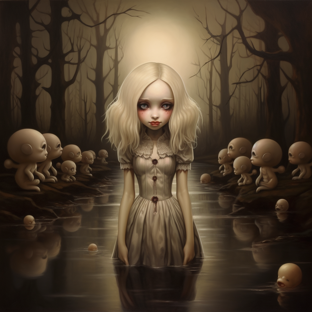 Blonde girl in Mark Ryden style, melancholy and grunge