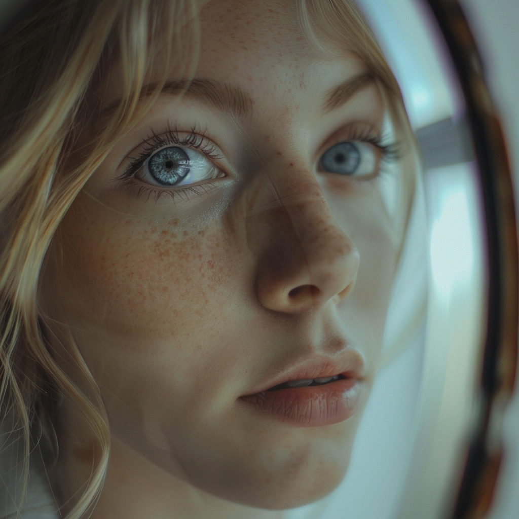 Blonde girl doing makeup mirror