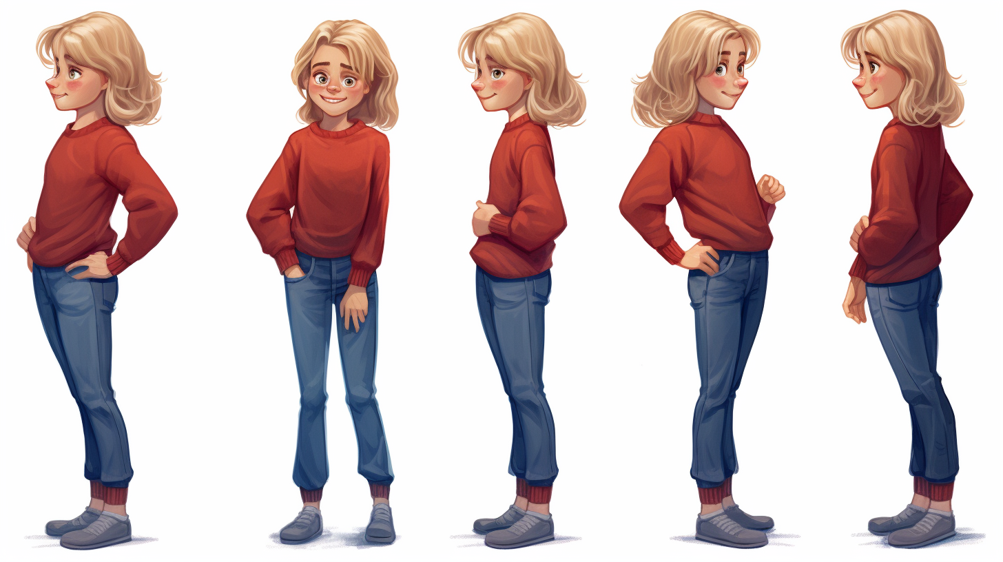 Ten-year-old Blonde Girl in Red Pullover and Blue Jeans