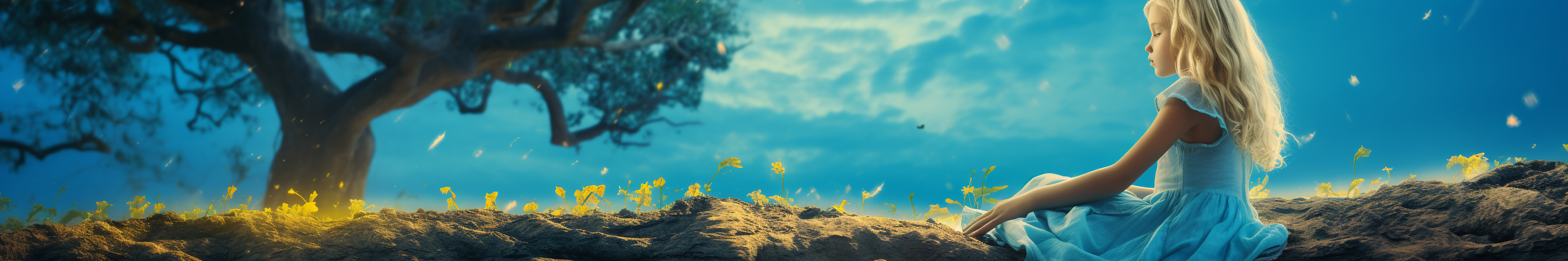 Blonde girl in blue dress listening to music under a tree