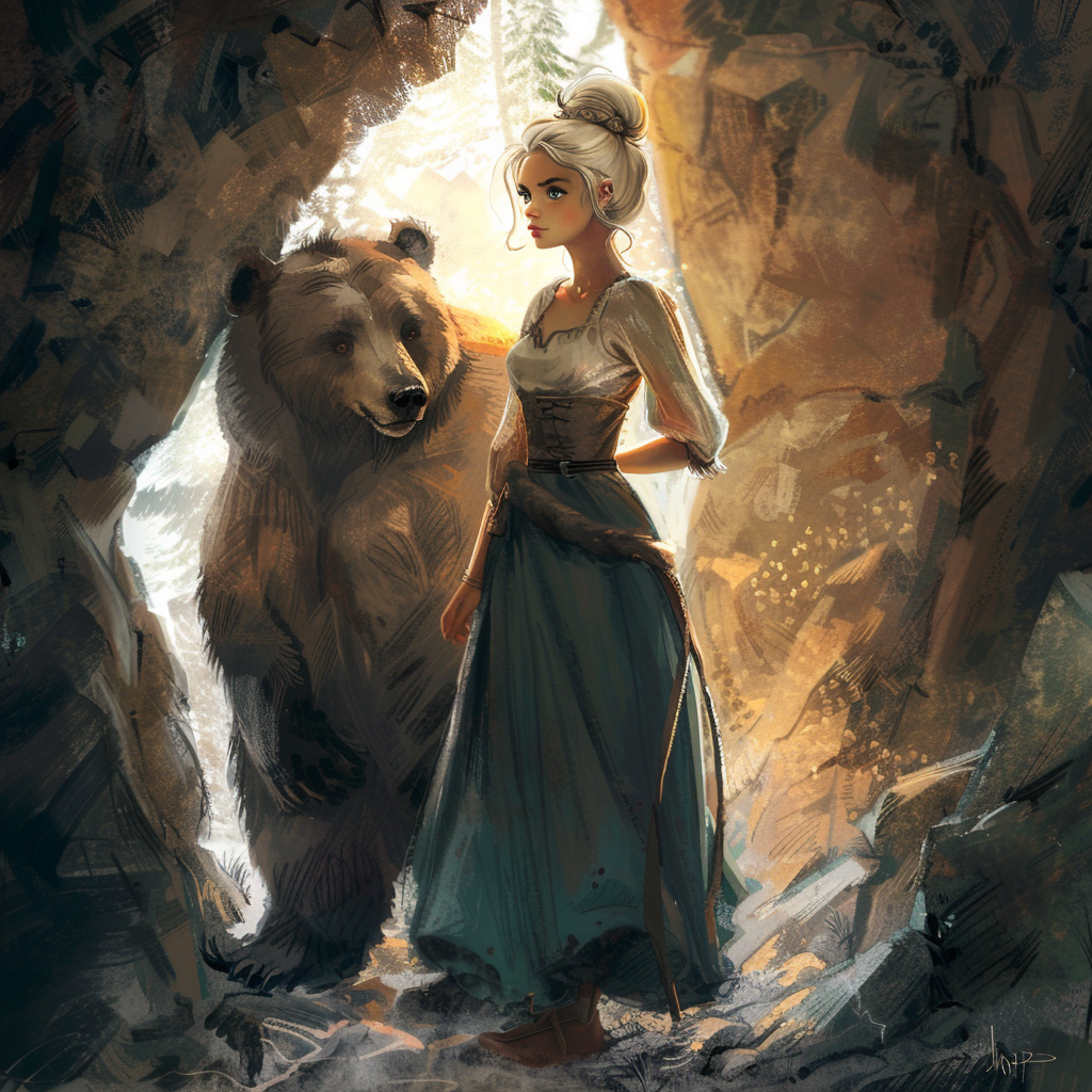 Blonde girl with bear in cave