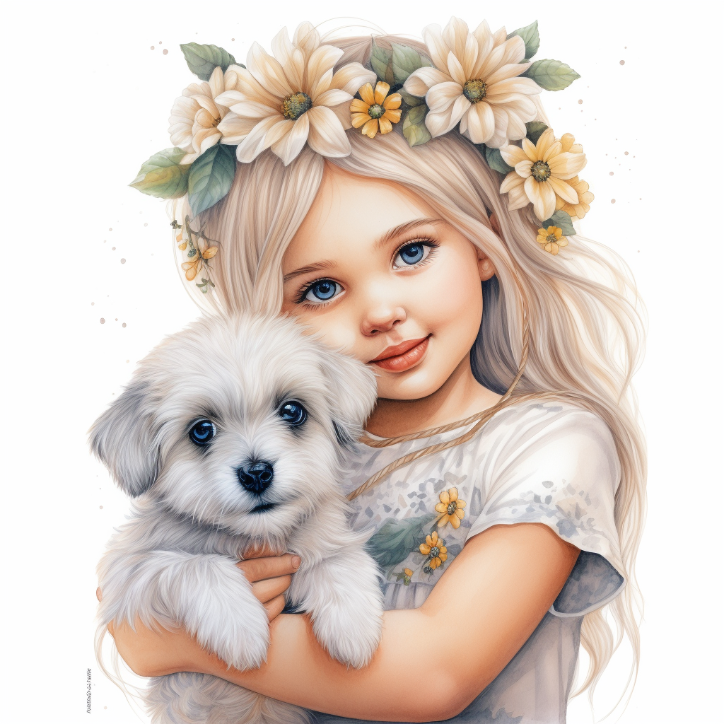 Little girl with flower crown and white puppy