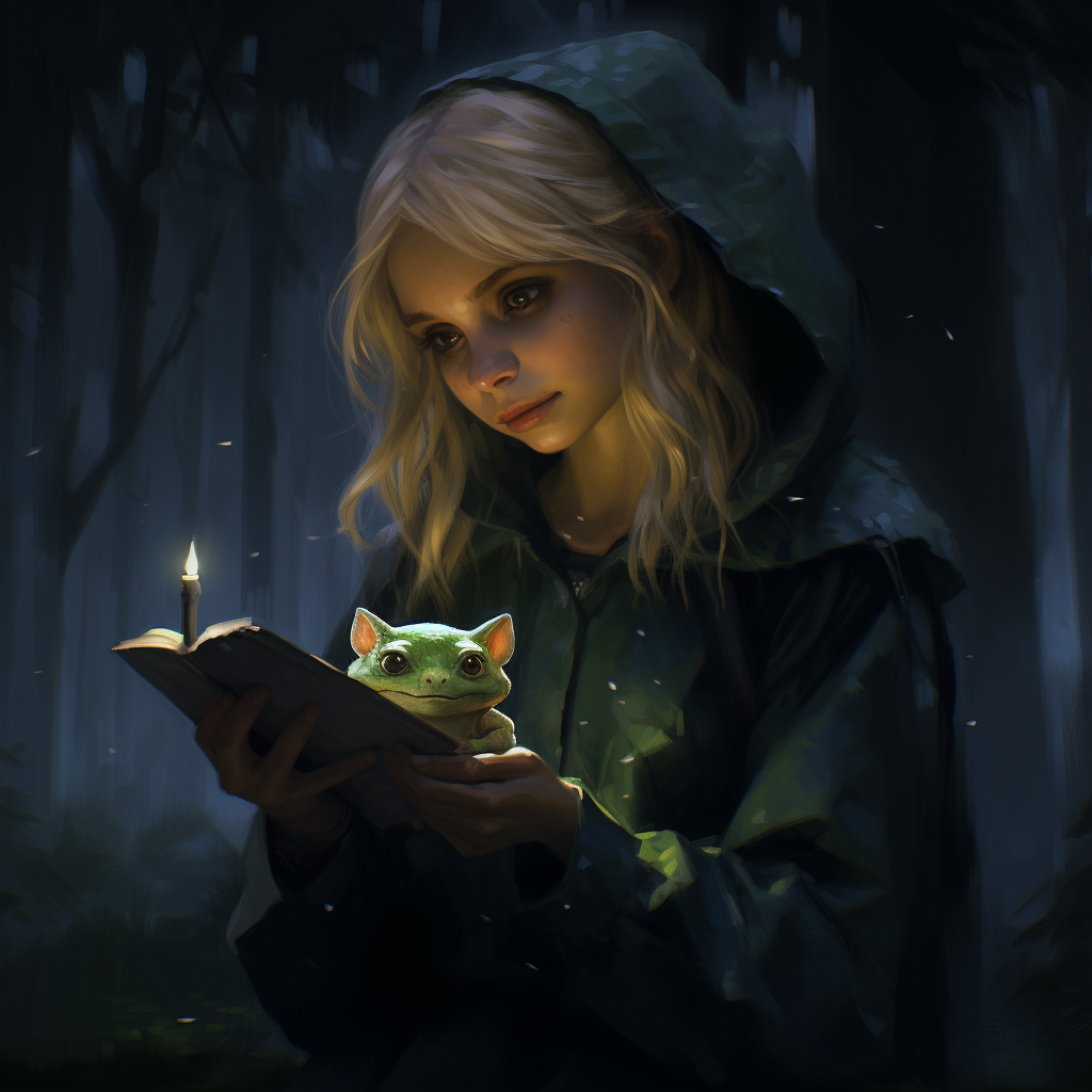 Blonde girl holding a frog and a book in a rainy forest