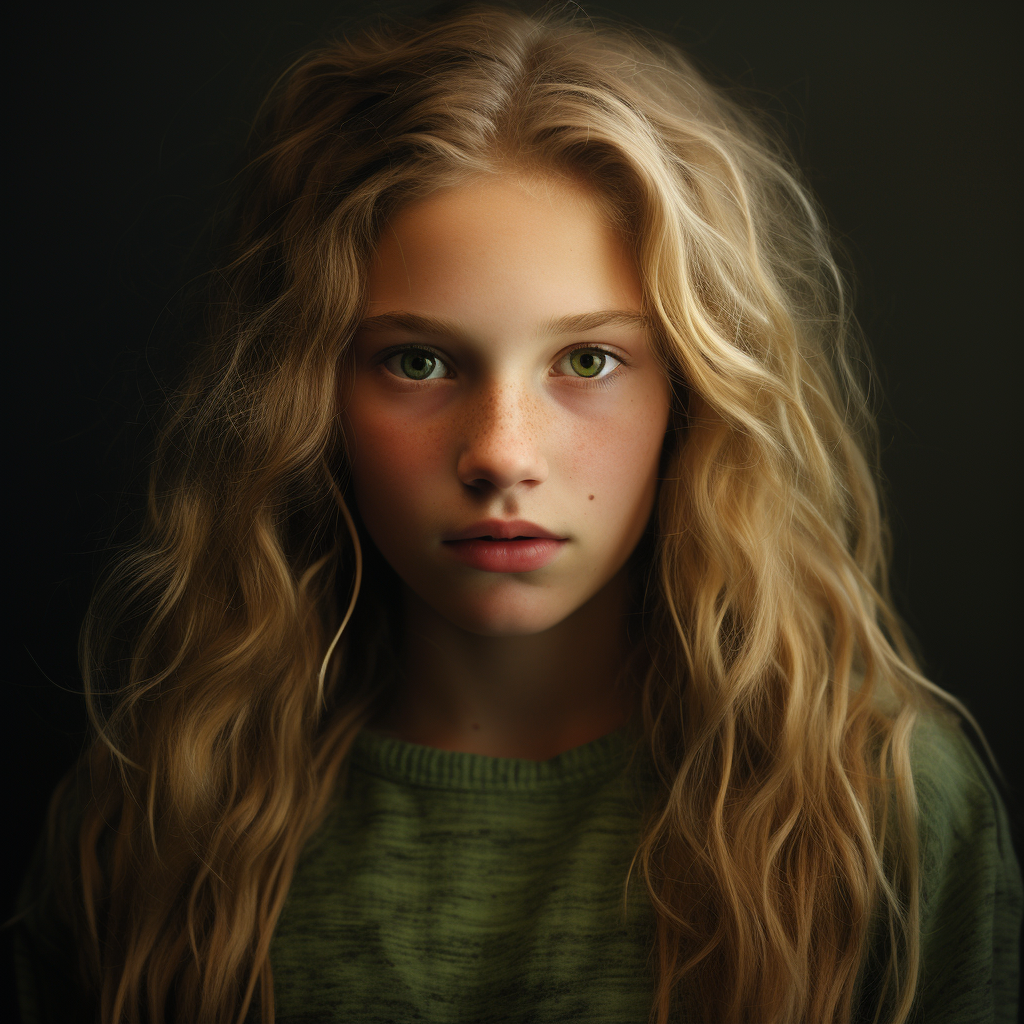 portrait of 13 year old blonde girl with green eyes