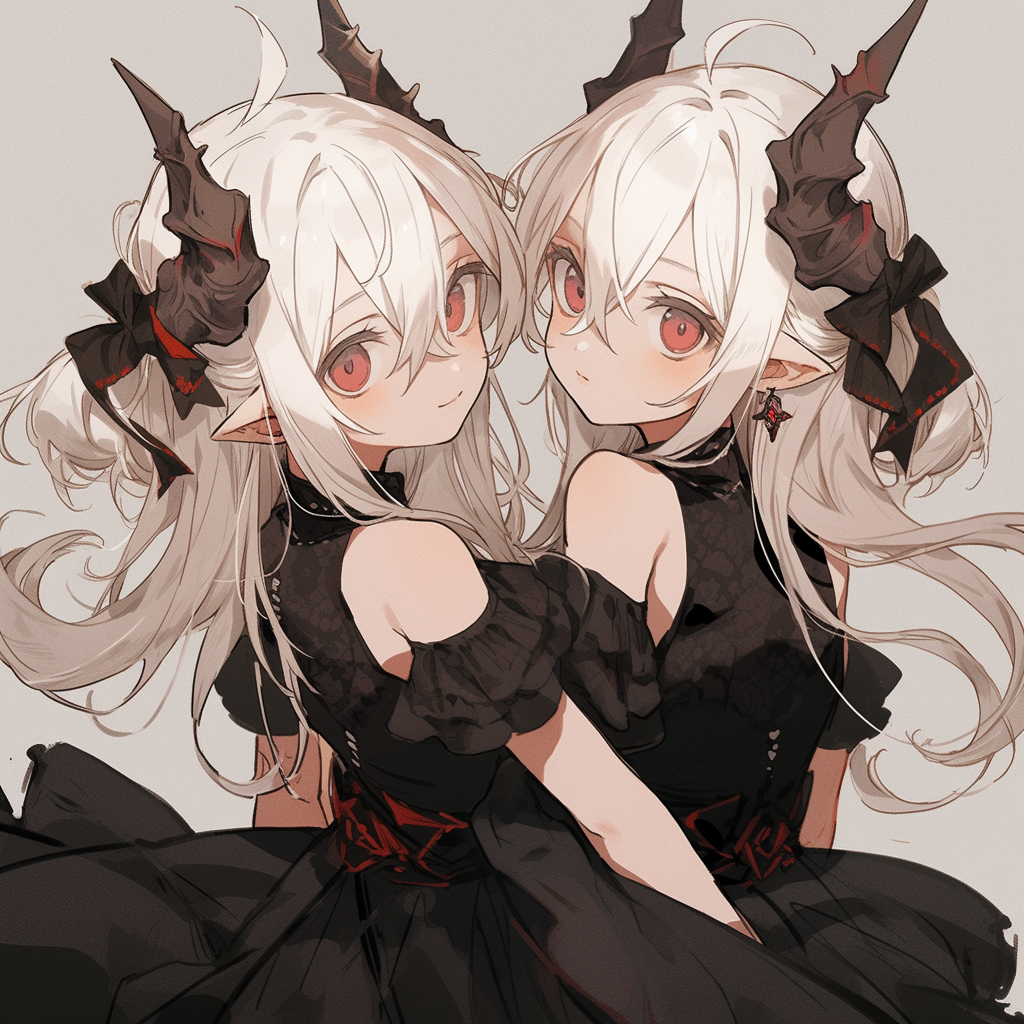 Blonde girls twins dresses horns red eyes