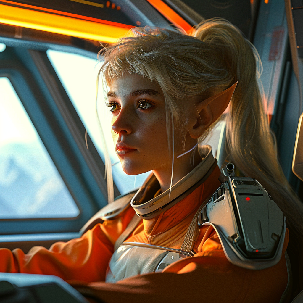 Blonde hair female elf spaceship pilot