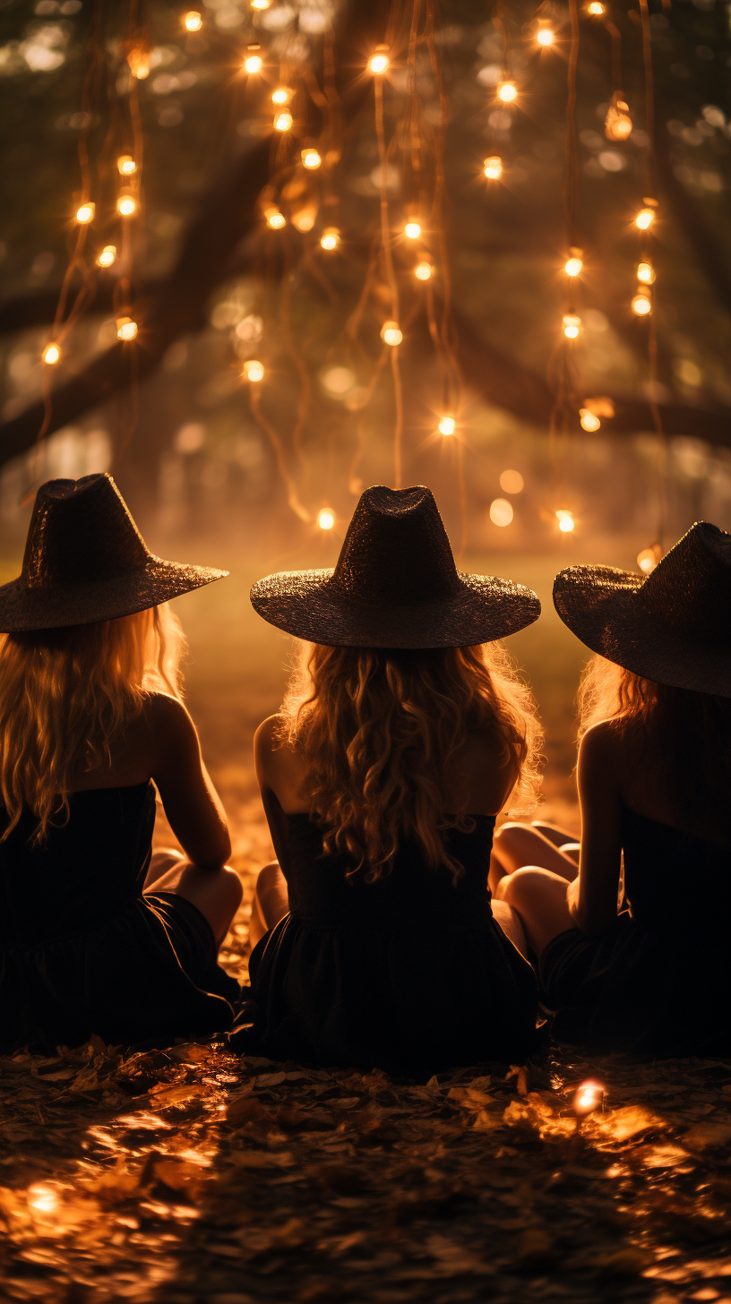 Group of young witches in a circle around a tree