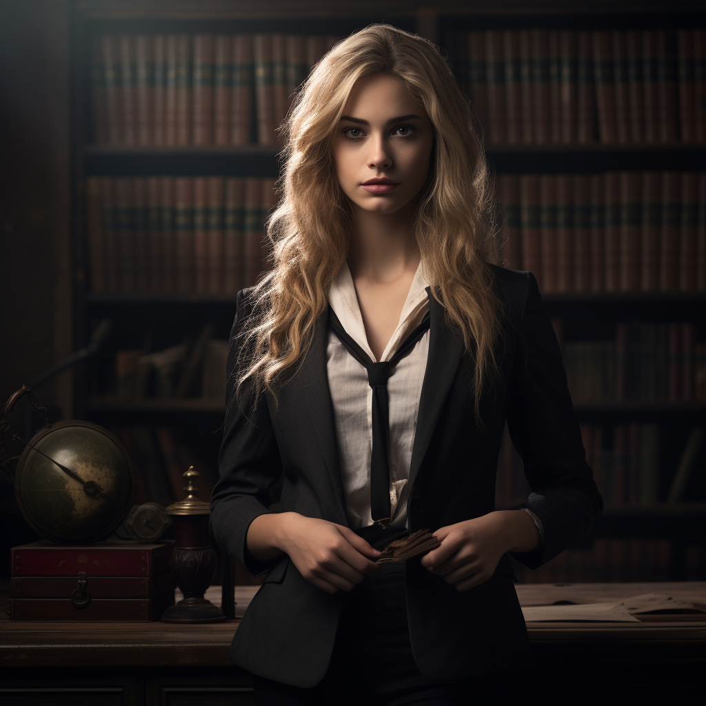 Young woman with blonde hair dressed as a lawyer